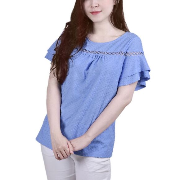 NY Collection Petite Short Double Flutter Sleeve Swiss Dot Top - Picture 1 of 1